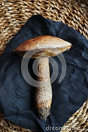 A large edible mushroom lies on a black napkin in a wicker basket Stock Photo