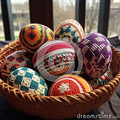 eggs of different colors with knitting print are lying in a basket on the table Stock Photo