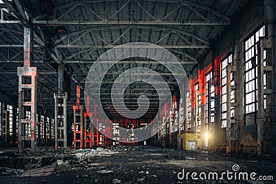 Large empty abandoned warehouse building or factory workshop, abstract ruins background Stock Photo