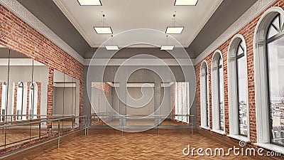 Large empty hall with wooden floors, brick walls, large windows and mirrors. Dance studio. Cartoon Illustration