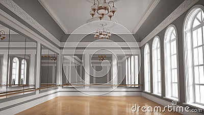 Large empty hall with wooden floors, large windows and mirrors. Dance studio. Cartoon Illustration