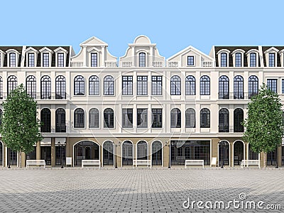 Large empty plaza with classical style building background 3d render Cartoon Illustration