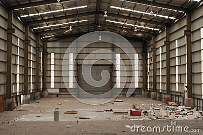 large empty warehouse with exposed ceiling and big windows that could also be built to house Stock Photo
