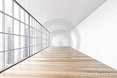 Large empty white and wooden hall with big window, office room Stock Photo