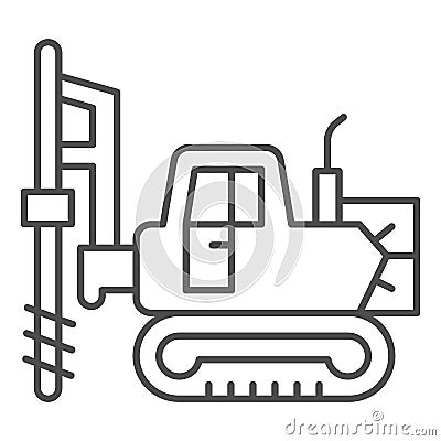 Large excavator with drill thin line icon, heavy equipment concept, Excavator with hydraulic hammer sign on white Vector Illustration