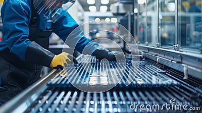 Large factory workers operating machines and assembling intricate pieces of solar panel parts. . AI generation Stock Photo