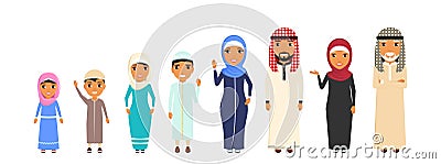 Large family of ethnic Arabs. All family members are in different positions. Everyone smiles Vector Illustration