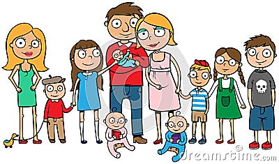 Large family with many children Vector Illustration