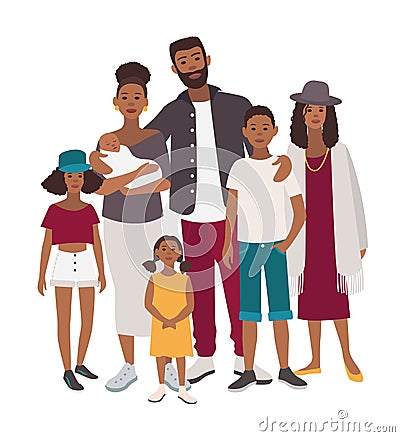 Large family portrait. African mother, father and five children. Happy people with relatives. Colorful flat illustration Vector Illustration