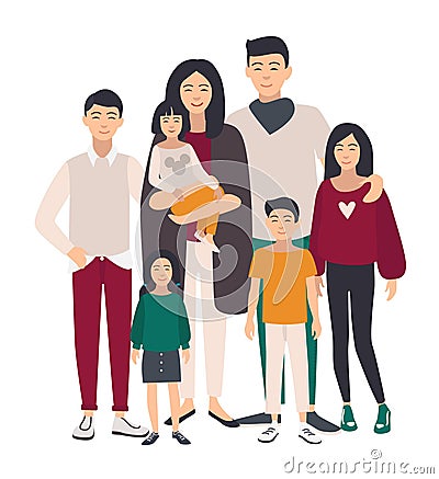 Large family portrait. Asian mother, father and five children. Happy people with relatives. Colorful flat illustration. Vector Illustration