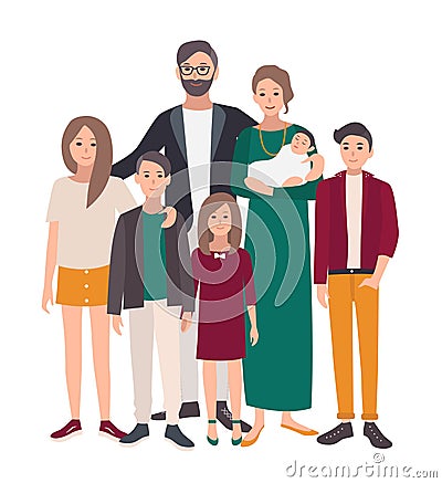 Large family portrait. European mother, father and five children. Happy people with relatives. Colorful flat Vector Illustration