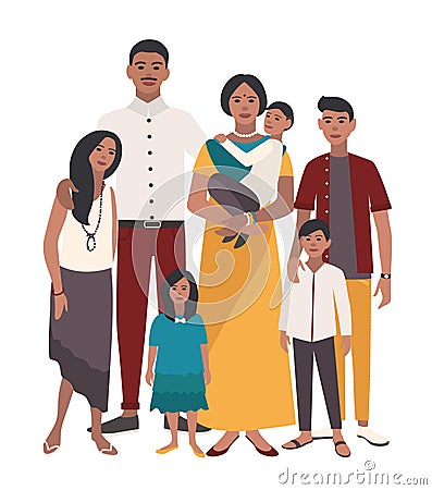 Large family portrait. Indian mother, father and five children. Happy people with relatives. Colorful flat illustration. Vector Illustration
