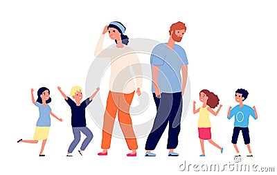 Large family. Tired parents, happy excited children. Mother father stand with teenagers. Vector parenting, big group Vector Illustration