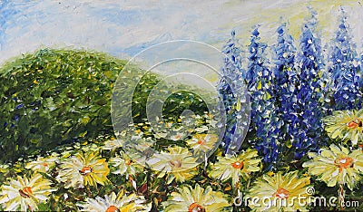 Large field of summer flowers, daisies Stock Photo