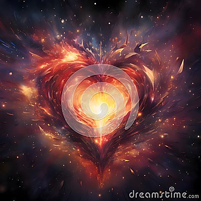 Large fiery flaming heart on a dark background. Heart as a symbol of affection and Vector Illustration