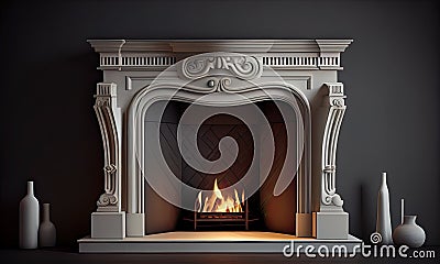 Large fireplace with fire close-up, generative AI Cartoon Illustration