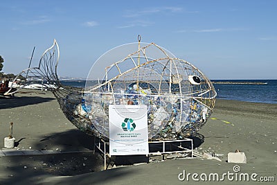Large fish shaped trash can on Limassol beach, Cyprus Editorial Stock Photo