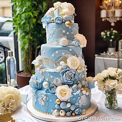 large five-tiered blue cake with flowers and blu, Stock Photo