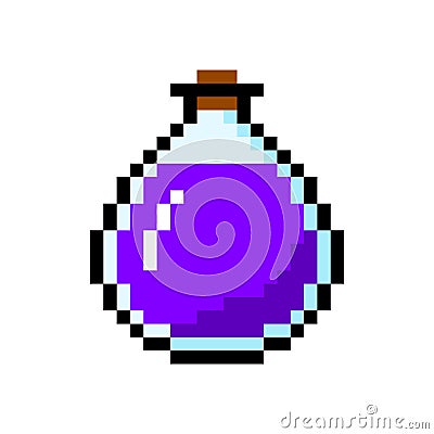 Large flask of pixel potion. Magical purple potion in bottle with cork Vector Illustration