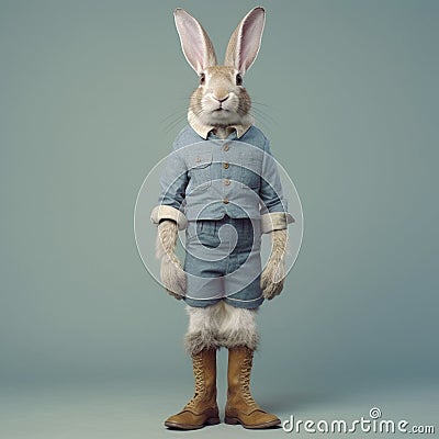 Fashionable Rabbit In A Suit And Boots On A Grey Background Stock Photo