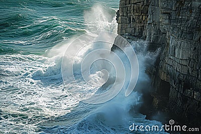 A large and forceful wave crashes against the rugged cliff, creating a dramatic display of water and rock collision, The fury of Stock Photo