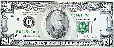 Large fragment of the Obverse side of 20 twenty dollars bill banknote series 1995 with the portrait of president Andrew Jackson, Stock Photo