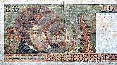 Large fragment of the reverse side of 10 ten French cent francs banknote currency by Bank of France features portrait of Louis Stock Photo
