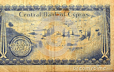 Large fragment of the reverse side of 250 two hundred fifty Mils banknote Cyprus Year 1978 equals 0.25 Cypriot pounds Stock Photo