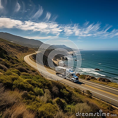 Large freight truck moving along a coastal highway, AI-generated. Stock Photo