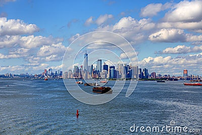 Large Freighters and New York City Stock Photo
