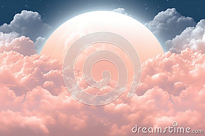 Large full moon against the background of pink clouds and starry sky Stock Photo