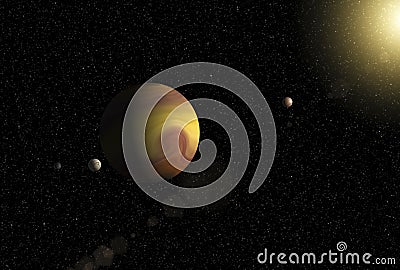 Large gas giant planet with two moons and a smaller planet orbiting nearby star Stock Photo