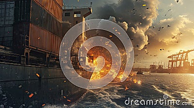 Large general cargo ship for logistic import export goods and other the explosion and had a lot of fire and smoke at sea Stock Photo