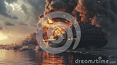 Large general cargo ship for logistic import export goods and other the explosion and had a lot of fire and smoke at sea Stock Photo