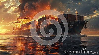 Large general cargo ship for logistic import export goods and other the explosion and had a lot of fire and smoke at sea Stock Photo