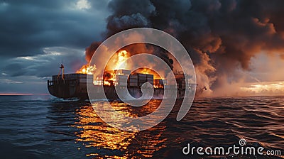 Large general cargo ship for logistic import export goods and other the explosion and had a lot of fire and smoke at sea Stock Photo