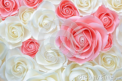 Large Giant Paper Flowers. Big pink, white, beige Rose, peony made from paper. Pastel paper background pattern lovely style. Flowe Stock Photo