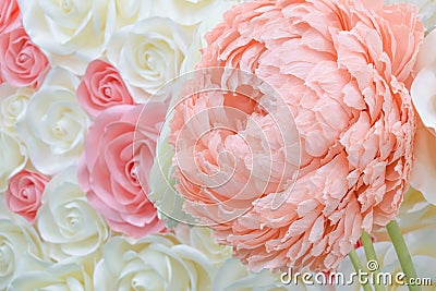 Large Giant Paper Flowers. Big pink, white, beige Rose, peony made from paper. Pastel paper background pattern lovely style. Flowe Stock Photo