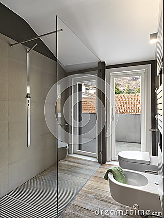Large glass shower cubicle in a modern bahtroom Stock Photo