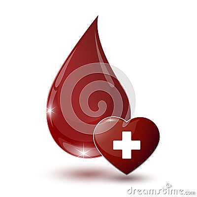 Large glossy red drop of blood with medical sign heart Vector Illustration