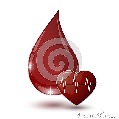 Large glossy red drop of blood with medical sign heart Vector Illustration