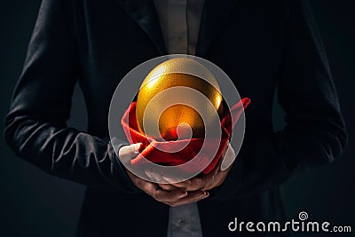 Large golden egg in hands of female business person Stock Photo