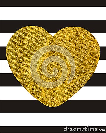 A large Golden heart on the background of horizontal wide black lines Stock Photo