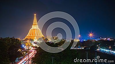 Large golden pagoda Located in the community at sunset , Phra Pathom Chedi , Nakhon Pathom province, Thailand. This is public pro Stock Photo