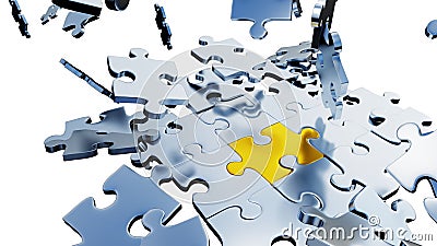 Large Golden piece of puzzle almost inserted between lots of Silver Puzzle Pieces in a mess Stock Photo