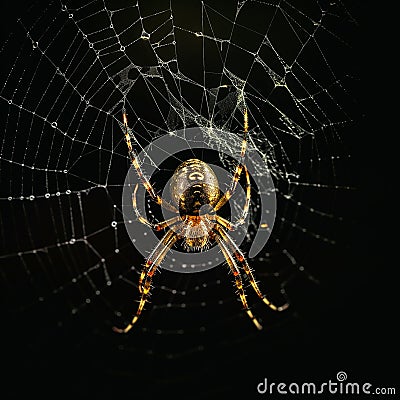 Large golden spider is perched atop a web, its legs extended outward as it patiently waits for prey to become ensnared. Stock Photo
