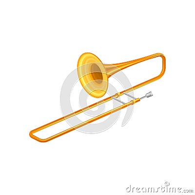 Large golden trumpet trombone. Brass musical instrument for playing orchestral or classical music. Decorative element Vector Illustration