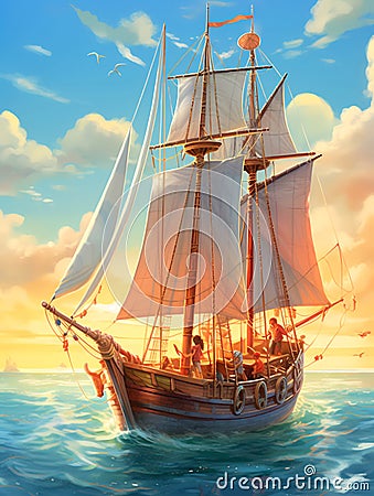 A large gorgeous sailboat against a mesmerising seascape. Hand-drawn illustration for children's book cover. Cartoon Illustration