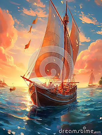 A large gorgeous sailboat against a mesmerising seascape. Hand-drawn illustration for children's book cover. Cartoon Illustration