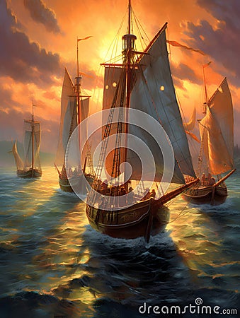 A large gorgeous sailboat against a mesmerising seascape. Hand-drawn illustration for children's book cover. Cartoon Illustration